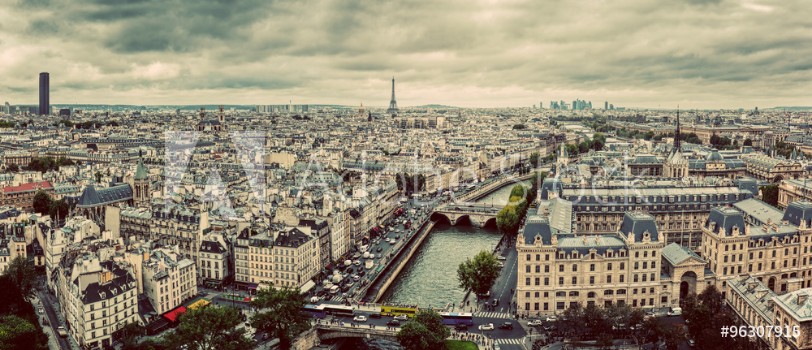 Bild på Paris France panorama with Eiffel Tower Seine river and bridges Vintage